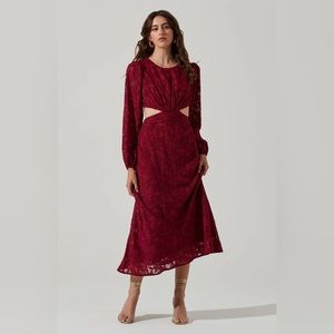 ASTR THE LABEL BURNOUT LONG SLEEVE CUTOUT MIDI DRESS